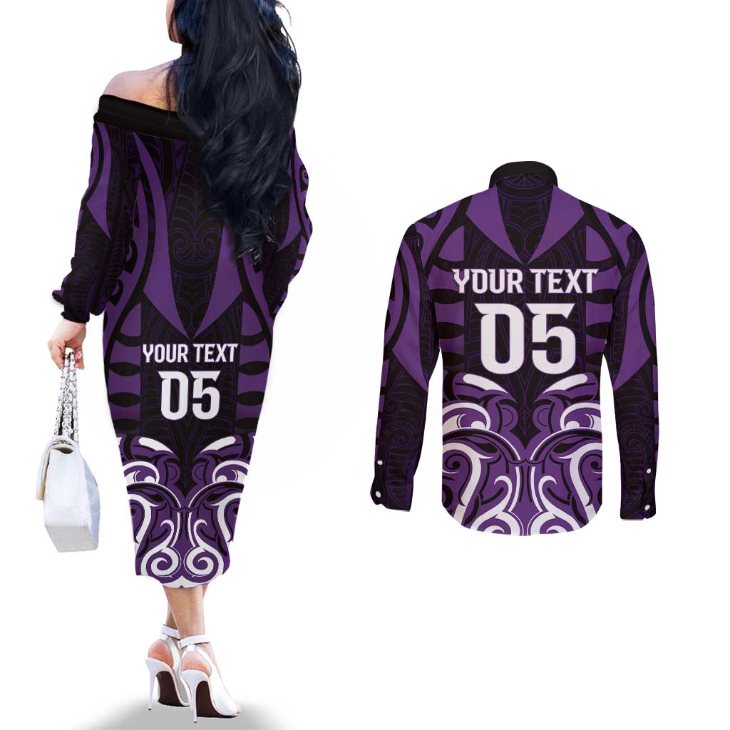 Custom Aotearoa Rangitane Couples Matching Off The Shoulder Long Sleeve Dress and Long Sleeve Button Shirt Maori Pattern New Zealand - Polynesian Pride