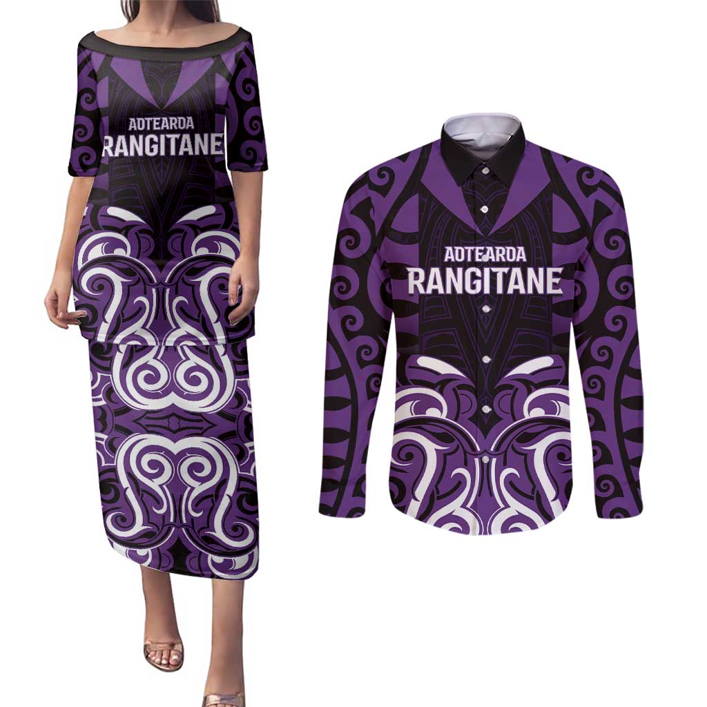 Custom Aotearoa Rangitane Couples Matching Puletasi and Long Sleeve Button Shirt Maori Pattern New Zealand - Polynesian Pride