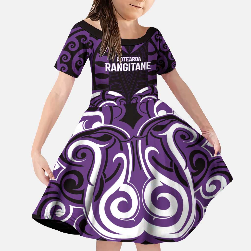 Custom Aotearoa Rangitane Family Matching Short Sleeve Bodycon Dress and Hawaiian Shirt Maori Pattern New Zealand DT05 Daughter's Dress Purple - Polynesian Pride