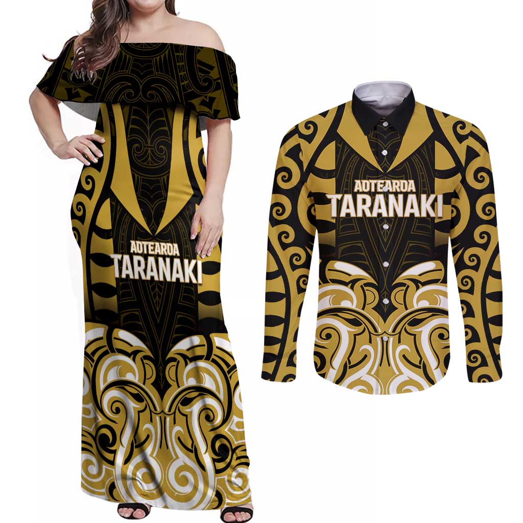 Custom Aotearoa Taranaki Couples Matching Off Shoulder Maxi Dress and Long Sleeve Button Shirt Maori Pattern New Zealand DT05 Yellow - Polynesian Pride