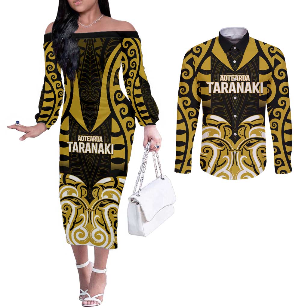 Custom Aotearoa Taranaki Couples Matching Off The Shoulder Long Sleeve Dress and Long Sleeve Button Shirt Maori Pattern New Zealand DT05 Yellow - Polynesian Pride