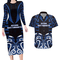 Custom Aotearoa Ngati Tuwharetoa Couples Matching Long Sleeve Bodycon Dress and Hawaiian Shirt Maori Pattern New Zealand DT05 Navy - Polynesian Pride