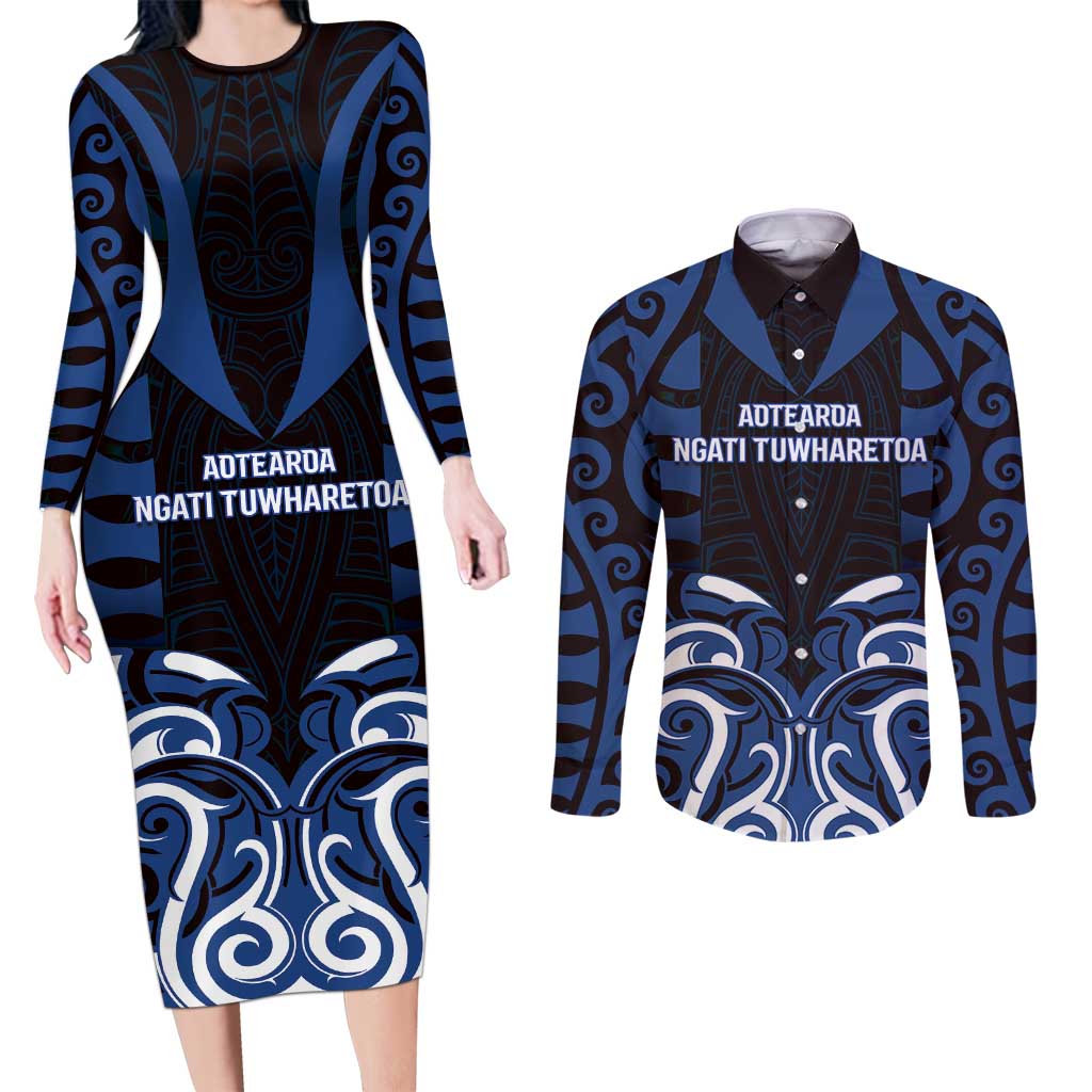 Custom Aotearoa Ngati Tuwharetoa Couples Matching Long Sleeve Bodycon Dress and Long Sleeve Button Shirt Maori Pattern New Zealand DT05 Navy - Polynesian Pride