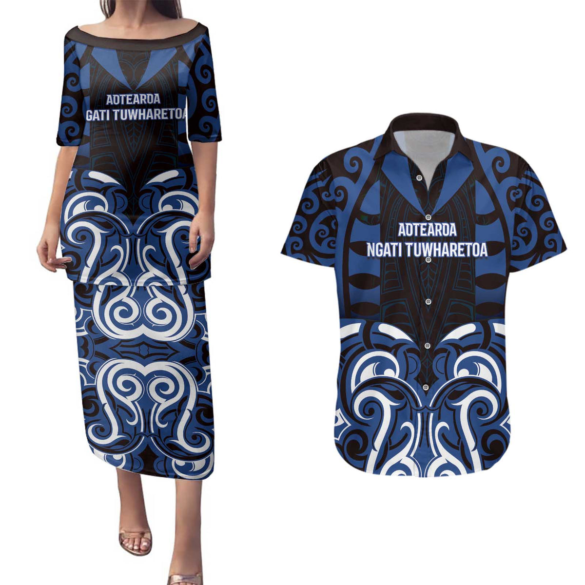 Custom Aotearoa Ngati Tuwharetoa Couples Matching Puletasi and Hawaiian Shirt Maori Pattern New Zealand - Polynesian Pride