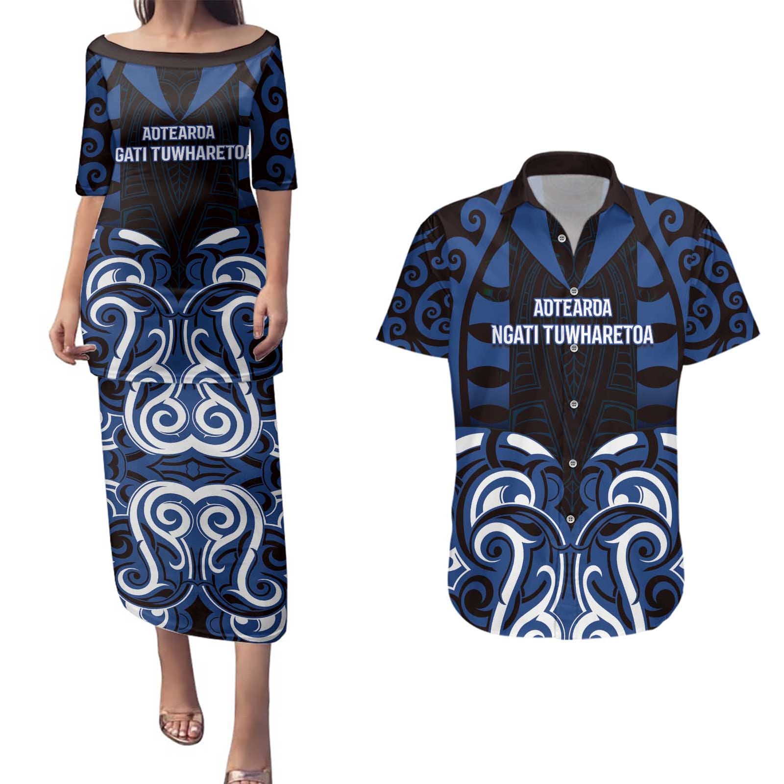 Custom Aotearoa Ngati Tuwharetoa Couples Matching Puletasi and Hawaiian Shirt Maori Pattern New Zealand - Polynesian Pride