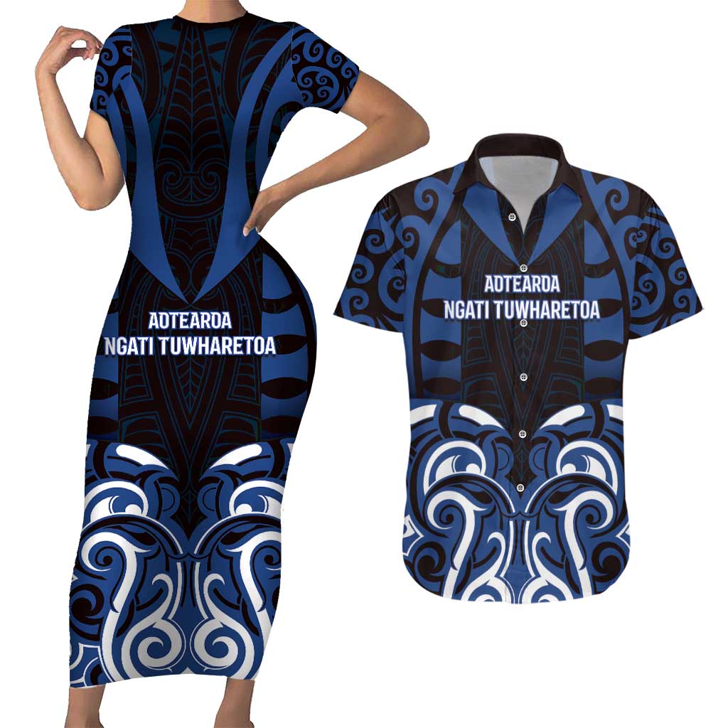 Custom Aotearoa Ngati Tuwharetoa Couples Matching Short Sleeve Bodycon Dress and Hawaiian Shirt Maori Pattern New Zealand DT05 Navy - Polynesian Pride