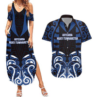 Custom Aotearoa Ngati Tuwharetoa Couples Matching Summer Maxi Dress and Hawaiian Shirt Maori Pattern New Zealand DT05 Navy - Polynesian Pride