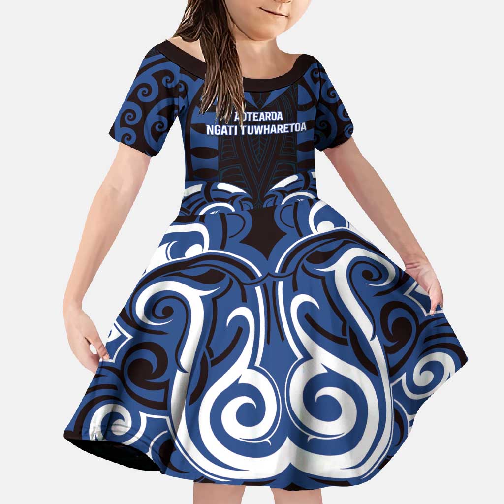 Custom Aotearoa Ngati Tuwharetoa Family Matching Long Sleeve Bodycon Dress and Hawaiian Shirt Maori Pattern New Zealand DT05 Daughter's Dress Navy - Polynesian Pride