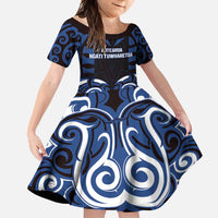 Custom Aotearoa Ngati Tuwharetoa Family Matching Long Sleeve Bodycon Dress and Hawaiian Shirt Maori Pattern New Zealand DT05 Daughter's Dress Navy - Polynesian Pride