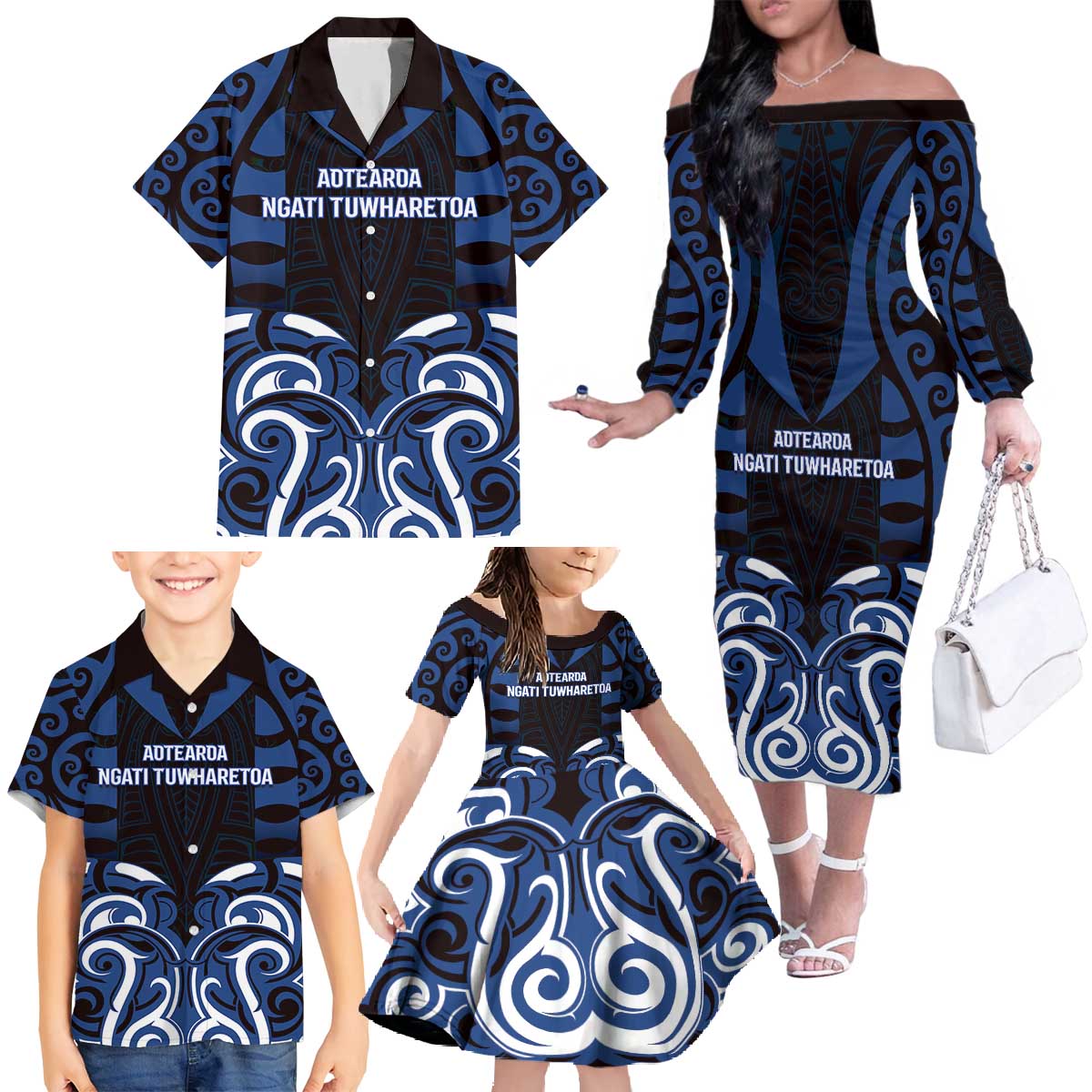 Custom Aotearoa Ngati Tuwharetoa Family Matching Off The Shoulder Long Sleeve Dress and Hawaiian Shirt Maori Pattern New Zealand - Polynesian Pride