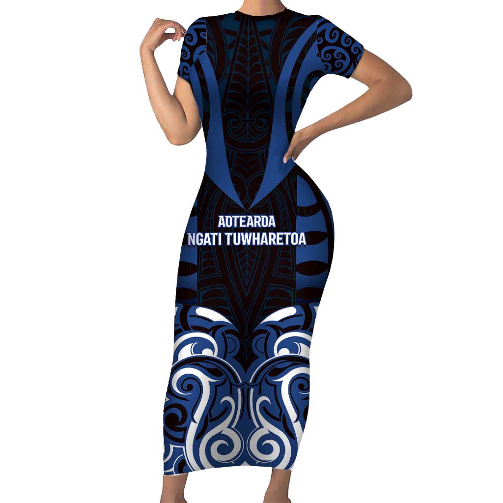 Custom Aotearoa Ngati Tuwharetoa Family Matching Short Sleeve Bodycon Dress and Hawaiian Shirt Maori Pattern New Zealand DT05 Mom's Dress Navy - Polynesian Pride