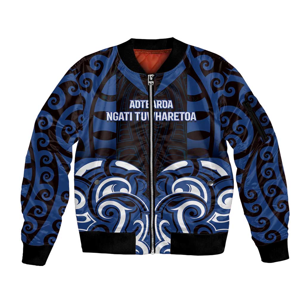 Custom Aotearoa Ngati Tuwharetoa Sleeve Zip Bomber Jacket Maori Pattern New Zealand DT05 Unisex Navy - Polynesian Pride