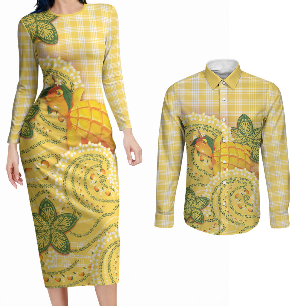Hawaii Palaka Couples Matching Long Sleeve Bodycon Dress and Long Sleeve Button Shirt Cute Ripe Mango Turtle On The Waves