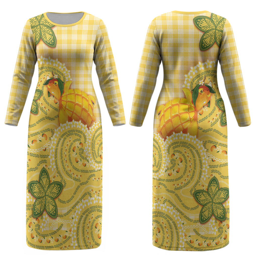 Hawaii Palaka Couples Matching Long Sleeve Bodycon Dress and Long Sleeve Button Shirt Cute Ripe Mango Turtle On The Waves