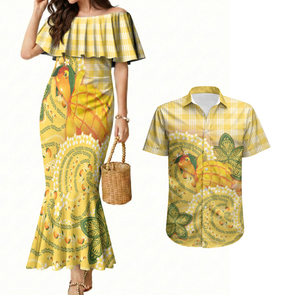 Hawaii Palaka Couples Matching Mermaid Dress and Hawaiian Shirt Cute Ripe Mango Turtle On The Waves