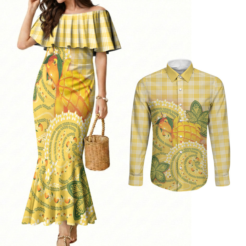 Hawaii Palaka Couples Matching Mermaid Dress and Long Sleeve Button Shirt Cute Ripe Mango Turtle On The Waves
