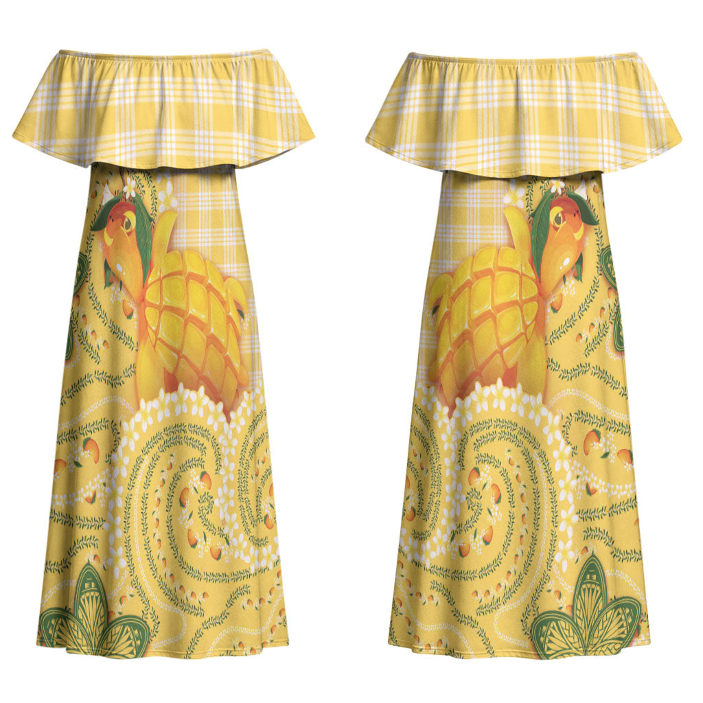 Hawaii Palaka Couples Matching Off Shoulder Maxi Dress and Long Sleeve Button Shirt Cute Ripe Mango Turtle On The Waves