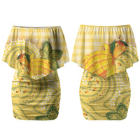 Hawaii Palaka Couples Matching Off Shoulder Short Dress and Hawaiian Shirt Cute Ripe Mango Turtle On The Waves
