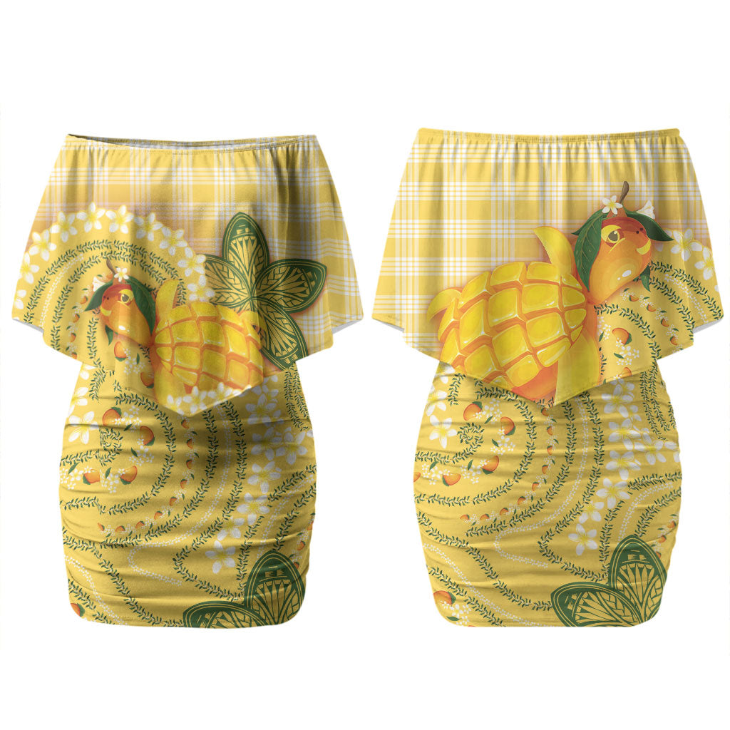 Hawaii Palaka Couples Matching Off Shoulder Short Dress and Long Sleeve Button Shirt Cute Ripe Mango Turtle On The Waves