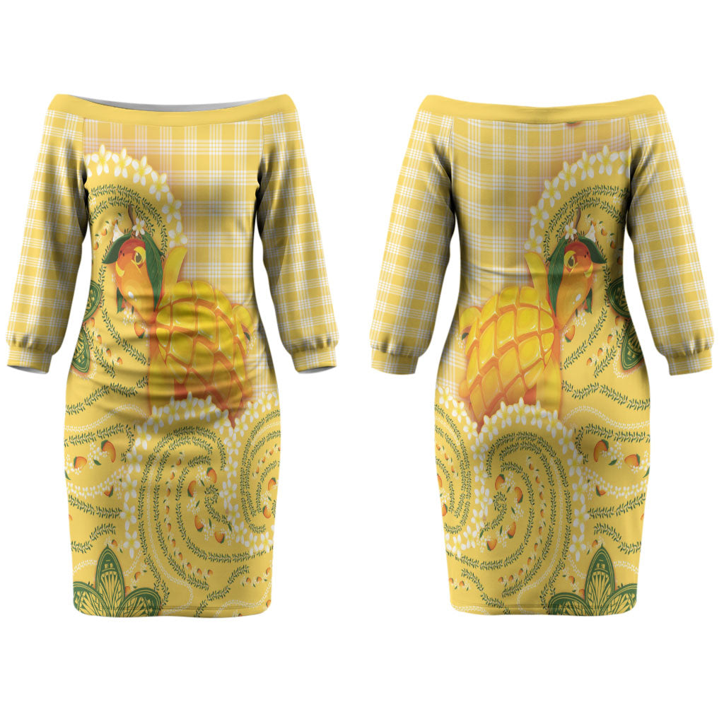 Hawaii Palaka Couples Matching Off The Shoulder Long Sleeve Dress and Hawaiian Shirt Cute Ripe Mango Turtle On The Waves
