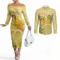 Hawaii Palaka Couples Matching Off The Shoulder Long Sleeve Dress and Long Sleeve Button Shirt Cute Ripe Mango Turtle On The Waves