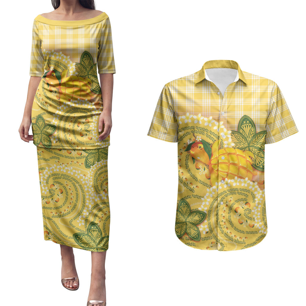 Hawaii Palaka Couples Matching Puletasi and Hawaiian Shirt Cute Ripe Mango Turtle On The Waves