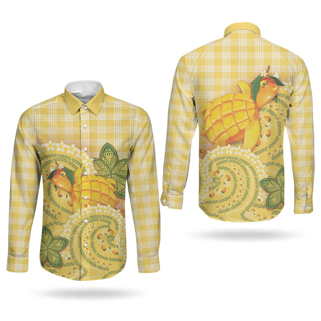 Hawaii Palaka Couples Matching Puletasi and Long Sleeve Button Shirt Cute Ripe Mango Turtle On The Waves