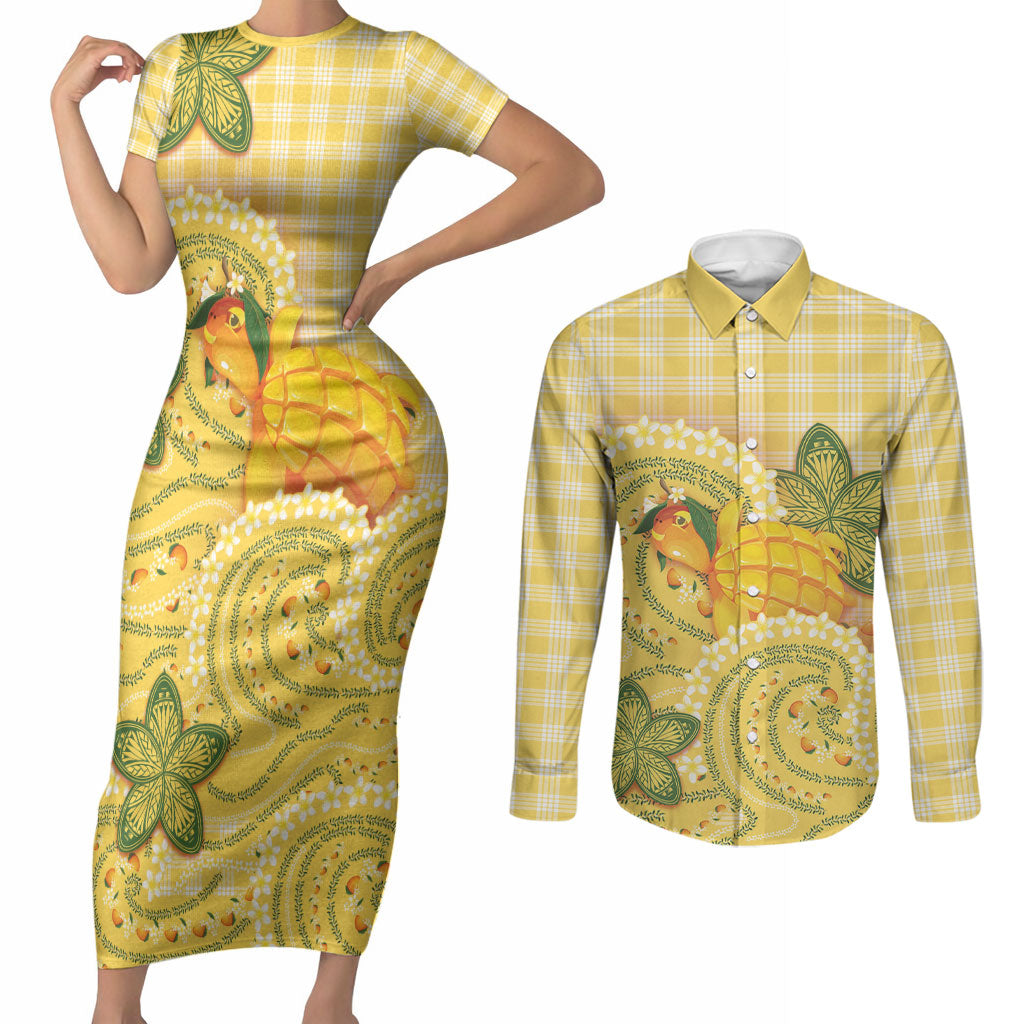 Hawaii Palaka Couples Matching Short Sleeve Bodycon Dress and Long Sleeve Button Shirt Cute Ripe Mango Turtle On The Waves
