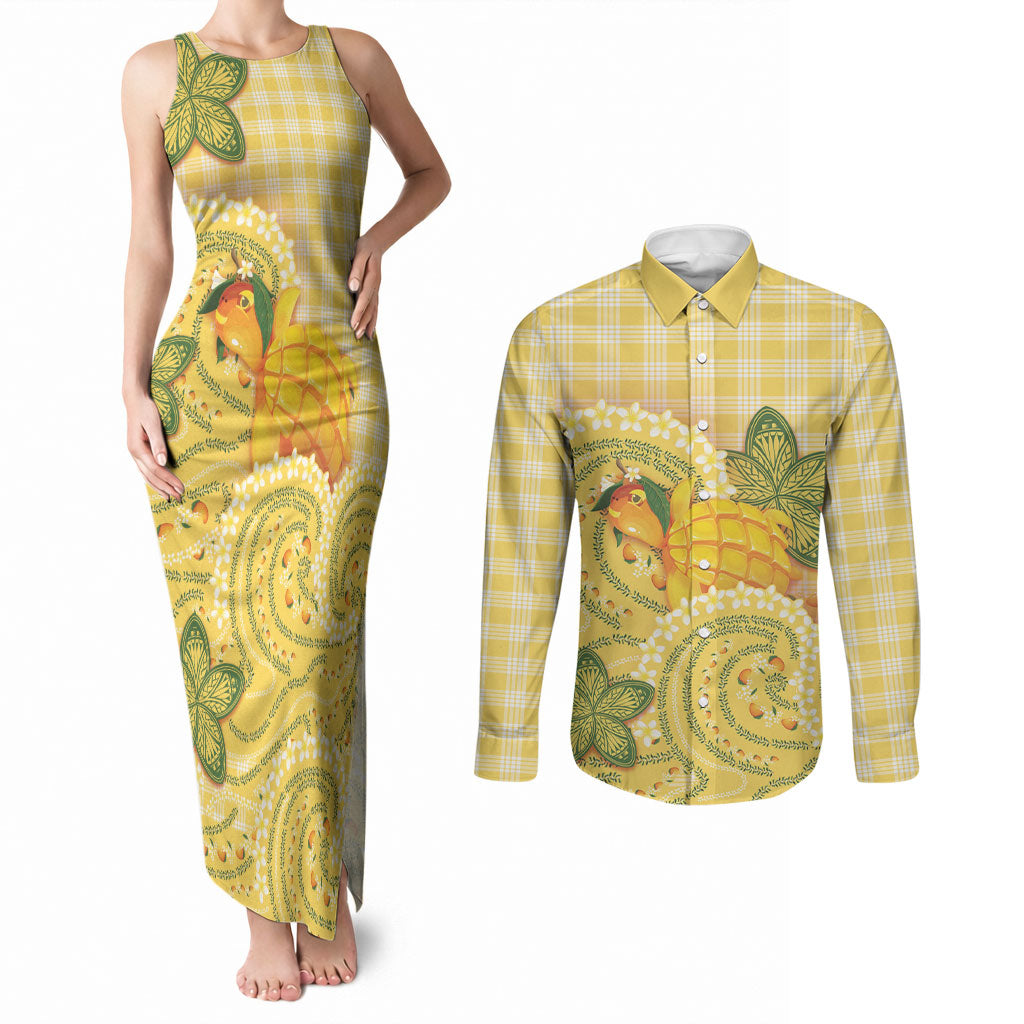 Hawaii Palaka Couples Matching Tank Maxi Dress and Long Sleeve Button Shirt Cute Ripe Mango Turtle On The Waves