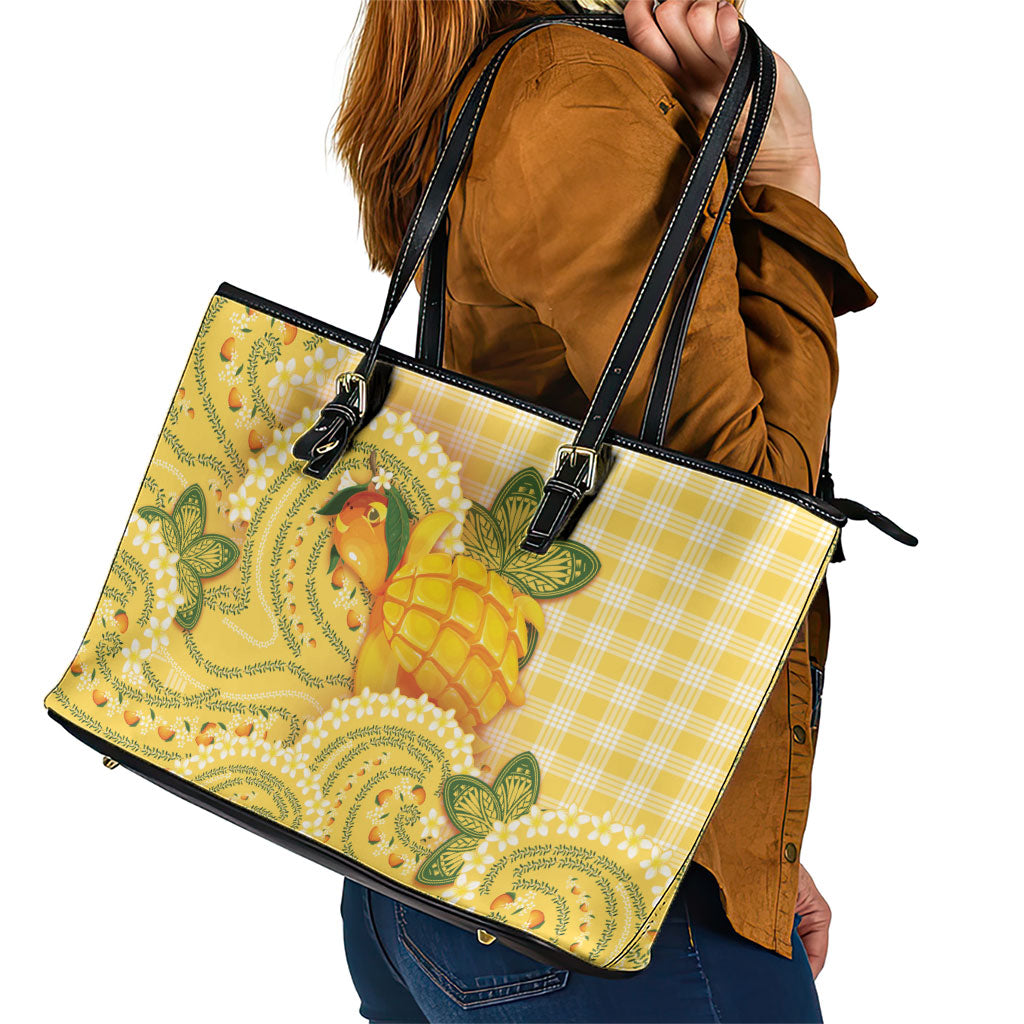 Hawaii Palaka Leather Tote Bag Cute Ripe Mango Turtle On The Waves