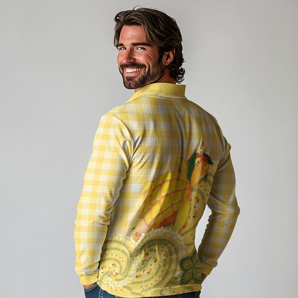 Hawaii Palaka Long Sleeve Polo Shirt Cute Ripe Mango Turtle On The Waves