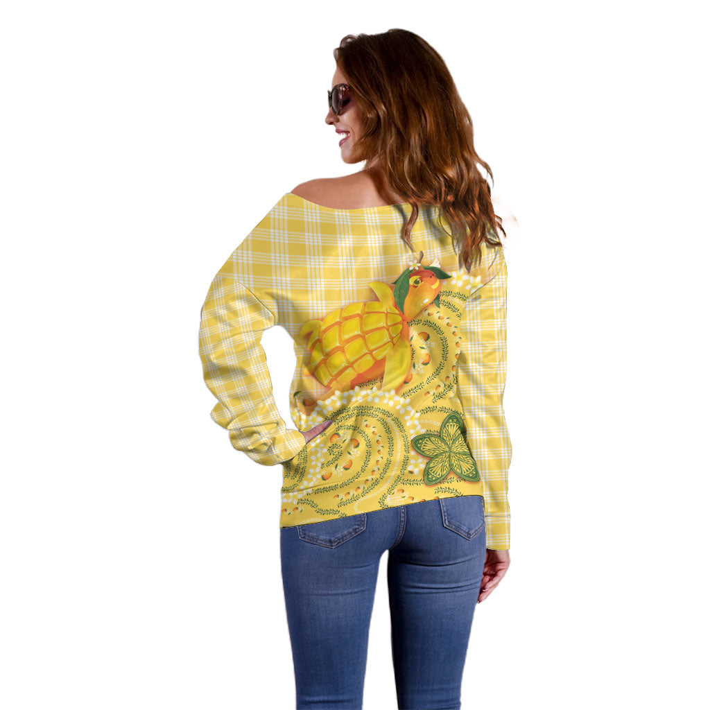 Hawaii Palaka Off Shoulder Sweater Cute Ripe Mango Turtle On The Waves