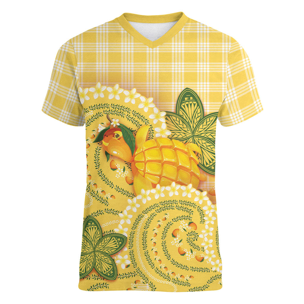 Hawaii Palaka Women V-Neck T-Shirt Cute Ripe Mango Turtle On The Waves