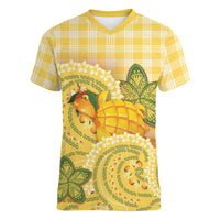 Hawaii Palaka Women V-Neck T-Shirt Cute Ripe Mango Turtle On The Waves
