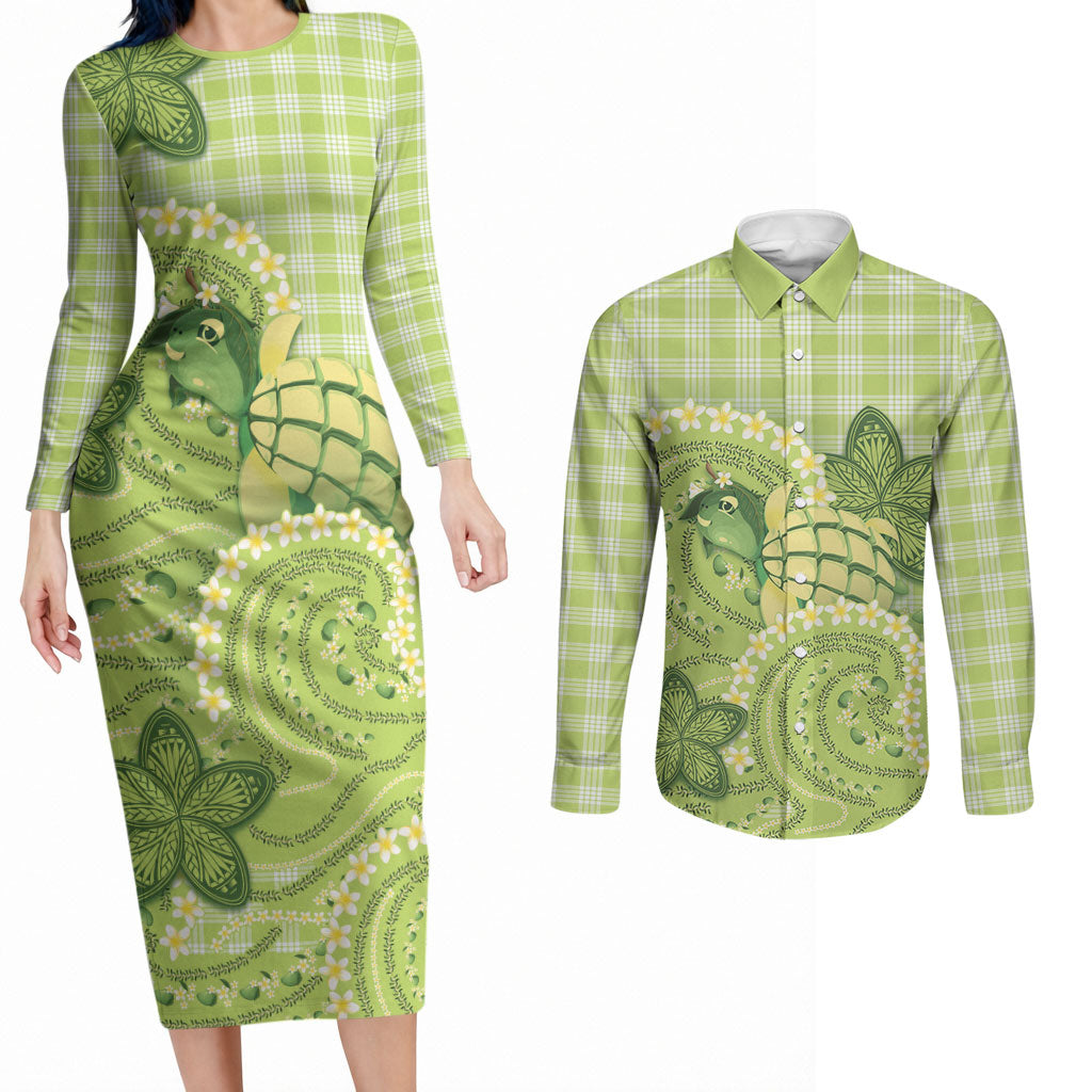 Hawaii Palaka Couples Matching Long Sleeve Bodycon Dress and Long Sleeve Button Shirt Cute Green Mango Turtle On The Waves DT05 Green - Polynesian Pride