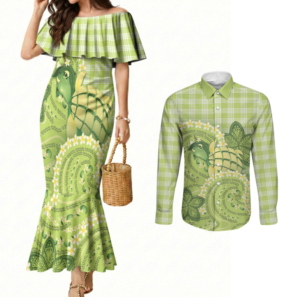 Hawaii Palaka Couples Matching Mermaid Dress and Long Sleeve Button Shirt Cute Green Mango Turtle On The Waves