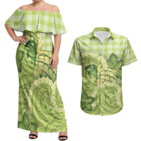 Hawaii Palaka Couples Matching Off Shoulder Maxi Dress and Hawaiian Shirt Cute Green Mango Turtle On The Waves