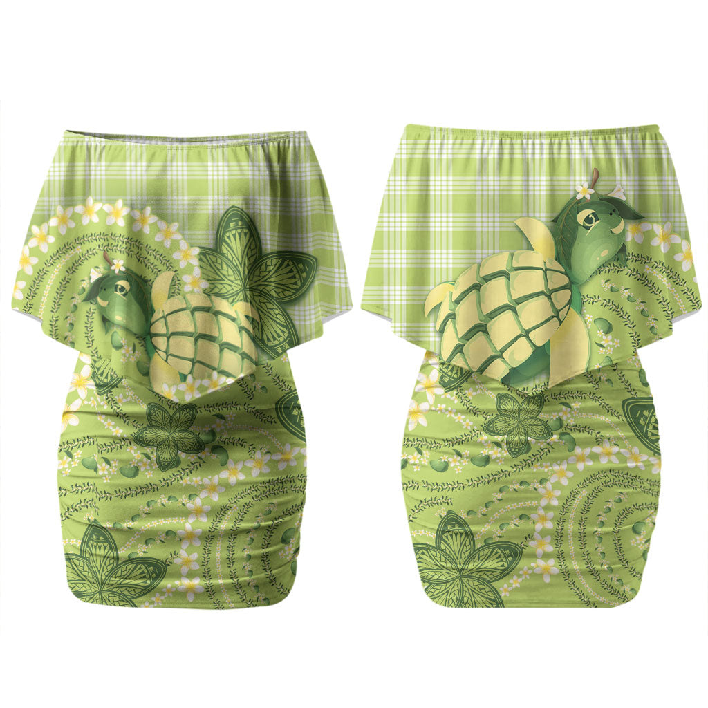 Hawaii Palaka Couples Matching Off Shoulder Short Dress and Hawaiian Shirt Cute Green Mango Turtle On The Waves