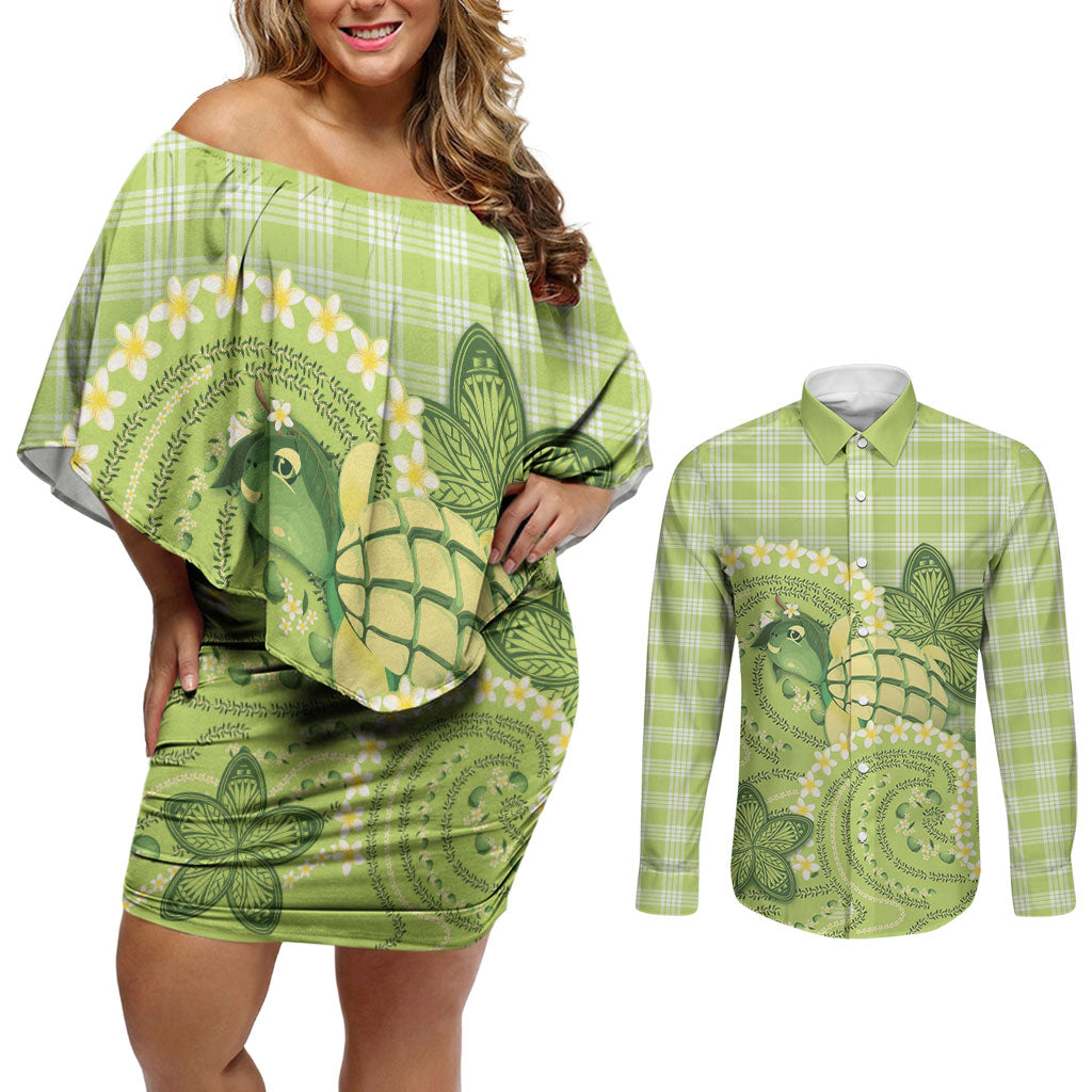 Hawaii Palaka Couples Matching Off Shoulder Short Dress and Long Sleeve Button Shirt Cute Green Mango Turtle On The Waves