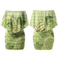 Hawaii Palaka Couples Matching Off Shoulder Short Dress and Long Sleeve Button Shirt Cute Green Mango Turtle On The Waves