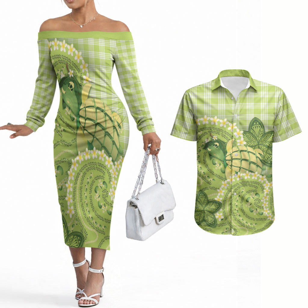 Hawaii Palaka Couples Matching Off The Shoulder Long Sleeve Dress and Hawaiian Shirt Cute Green Mango Turtle On The Waves