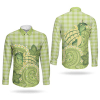Hawaii Palaka Couples Matching Short Sleeve Bodycon Dress and Long Sleeve Button Shirt Cute Green Mango Turtle On The Waves