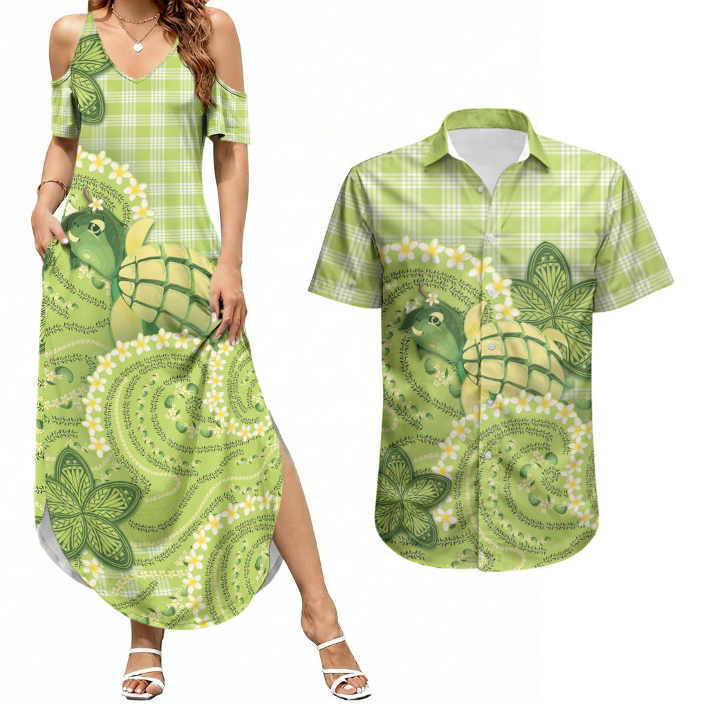 Hawaii Palaka Couples Matching Summer Maxi Dress and Hawaiian Shirt Cute Green Mango Turtle On The Waves