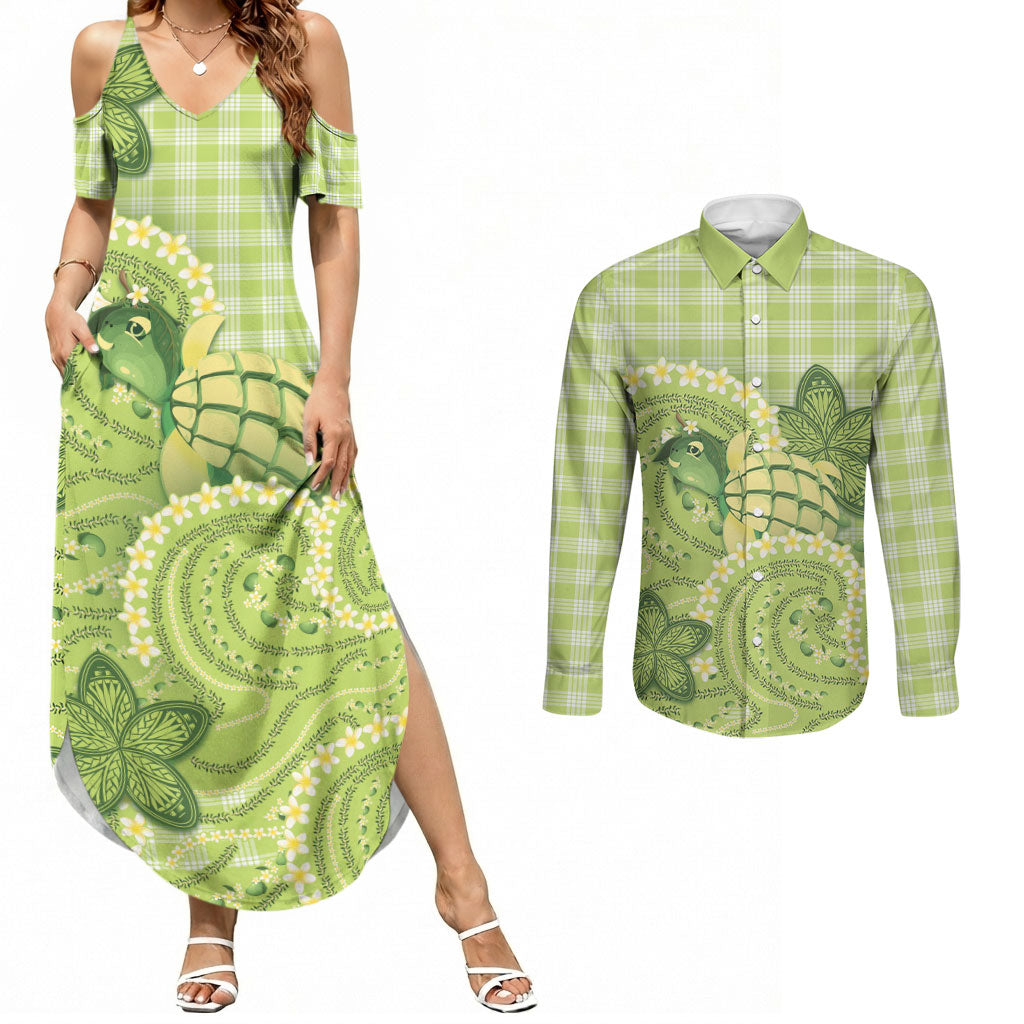 Hawaii Palaka Couples Matching Summer Maxi Dress and Long Sleeve Button Shirt Cute Green Mango Turtle On The Waves