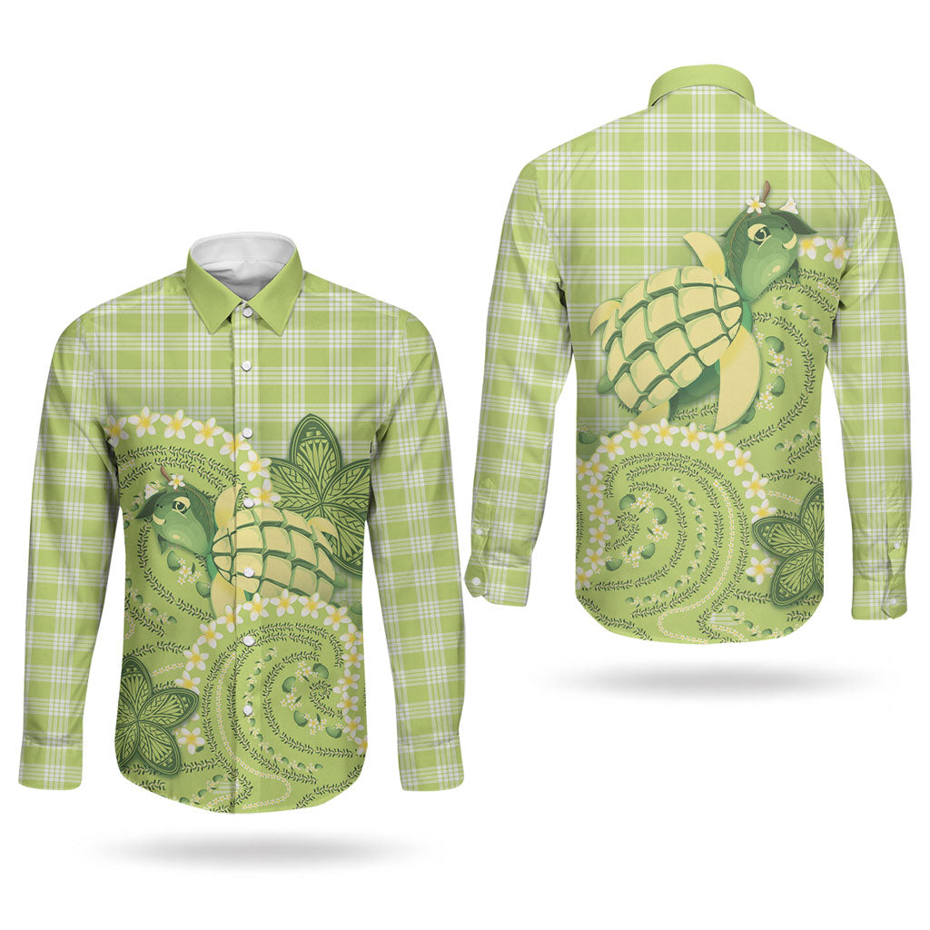 Hawaii Palaka Couples Matching Summer Maxi Dress and Long Sleeve Button Shirt Cute Green Mango Turtle On The Waves