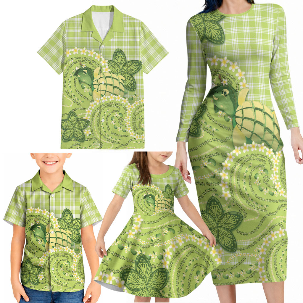 Hawaii Palaka Family Matching Long Sleeve Bodycon Dress and Hawaiian Shirt Cute Green Mango Turtle On The Waves
