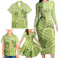 Hawaii Palaka Family Matching Long Sleeve Bodycon Dress and Hawaiian Shirt Cute Green Mango Turtle On The Waves