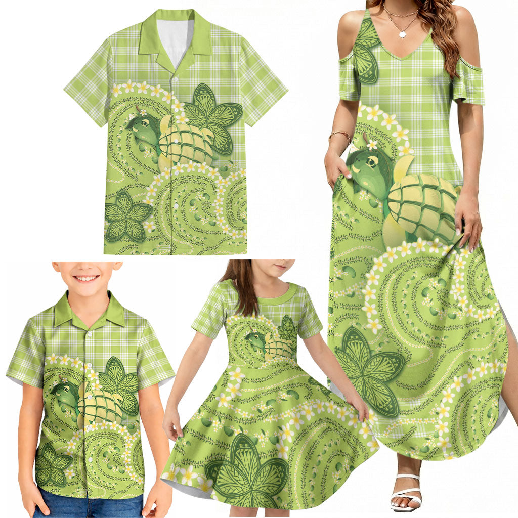 Hawaii Palaka Family Matching Summer Maxi Dress and Hawaiian Shirt Cute Green Mango Turtle On The Waves