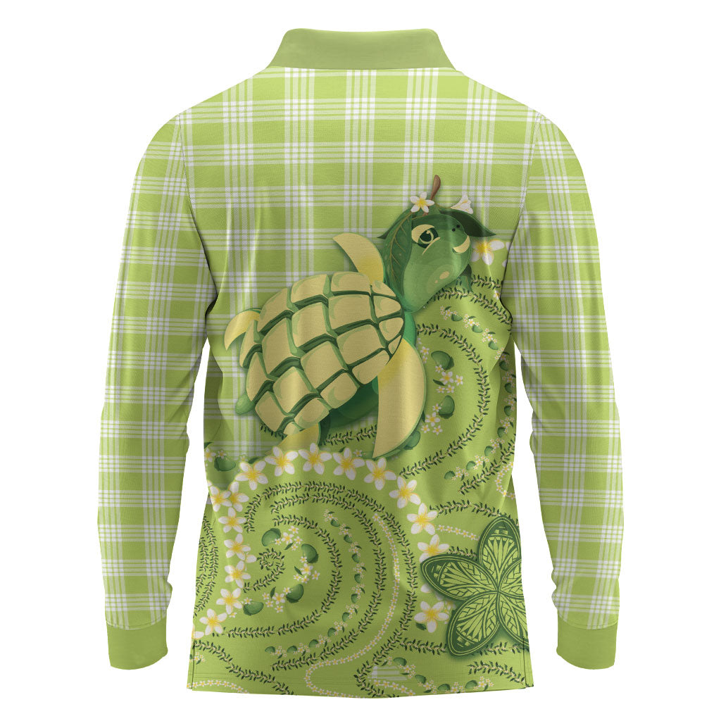 Hawaii Palaka Long Sleeve Polo Shirt Cute Green Mango Turtle On The Waves