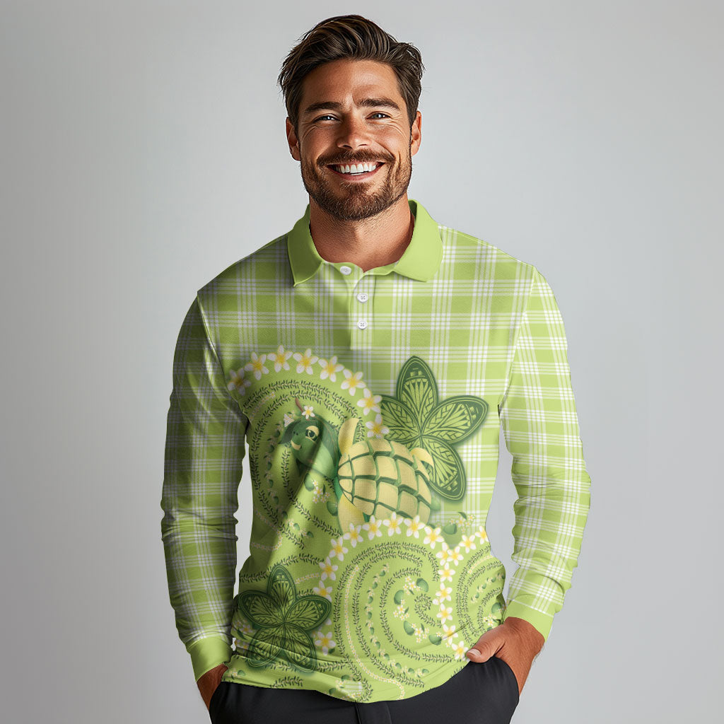 Hawaii Palaka Long Sleeve Polo Shirt Cute Green Mango Turtle On The Waves